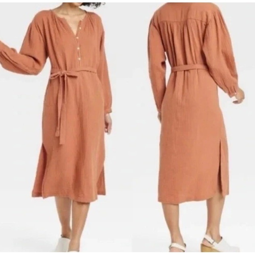 Universal Thread Womens Long Sleeve Dress Medium Deep Clay Orange Cotton NEW